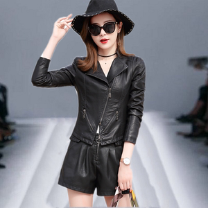 皮衣皮裙女绵羊皮套装短款2021年新款春秋修身机车真皮皮夹克外套