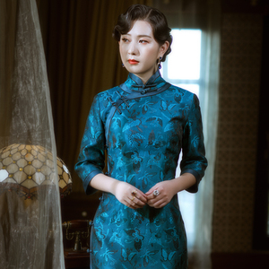 99llp221817淘宝三重门{润玉}重磅真丝旗袍中国风桑蚕丝优雅短袖连