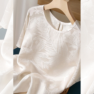 新中式白色提花醋酸缎面短袖T恤女夏季时髦气质雪纺上衣打底小衫