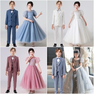 儿童主持人礼服女童公主裙男童白色西装套装婚礼花童钢琴演出服装