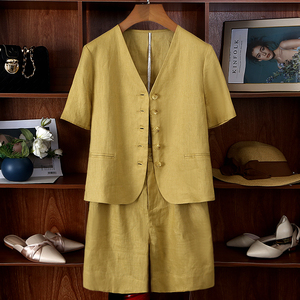 休闲黄色短袖棉麻短裤套装夏季女2022新款高端亚麻西装两件套夏装