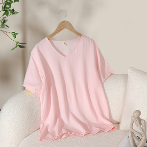 夏季女士纯色棉绸睡衣短袖绵绸v领t恤上衣大码人造棉家居服新款