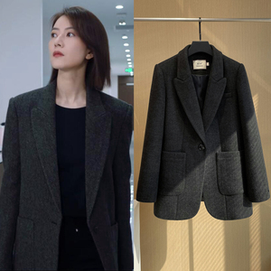 高圆圆同款毛呢外套女人字纹短款外套通勤复古气质西装大衣小个子