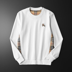 秋款潮牌巴宝莉休闲战马刺绣圆领套头卫衣男青年格子拼接修身外套