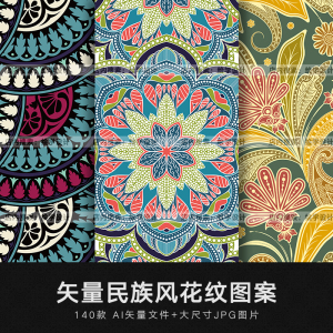 矢量ai手绘复古民族风花纹装饰图案背景包装服装地毯印花设计素材