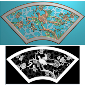 扇形喜鹊登梅花鸟图双鸟精雕图jdp浮雕图521软件图电脑雕刻图素材