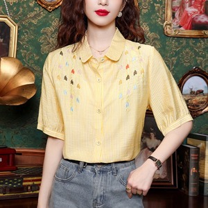 黄色刺绣条纹棉麻短袖衬衫女士夏季宽松休闲衬衣高端气质亚麻上衣