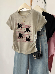 美式字母猫咪正肩短袖t恤女夏季扎染小个子ins潮牌修身短款小上衣