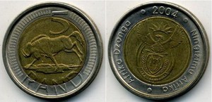 500人付款淘宝非洲 南非2004年版5兰特 硬币 双色金属币 双色镶嵌币