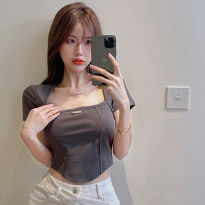 纯欲跳舞表演衣服女夏紧身 上衣超短款灰色爵士钢管露脐短袖超辣