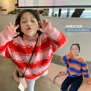 柒号童仓女童韩版条纹毛衣宝宝秋冬新款儿童宽松针织衫套头上衣