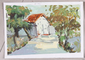 秋天水粉风景画山水树木水粉画8开色彩太行山风景风景写生水彩画