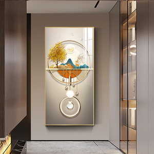 轻奢玄关装饰画楼梯过道壁画入户正对门山水墙画走廊竖版大幅挂画