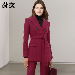简曈艾文女老板总裁服装气质职业装玫红色双排扣腰带西服套装v379