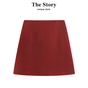 那些事衣橱新年龙年毛呢a字半身裙冬季加厚新款包臀短裙红色裙子