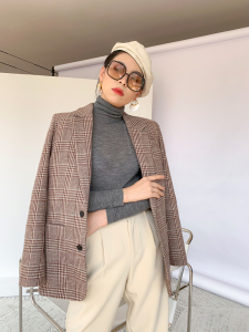 蔻丝kohs新款日本花纱呢复古格子西装外套女气质休闲长袖西服短款