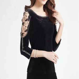 秀巧正品1671高端金丝绒女装袖子镂空镶钻九分袖t恤上衣有大码