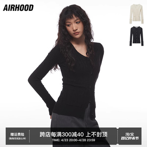 AIRHOOD紧身薄款V领开衫修身针织衫女慵懒春秋季短款打底长袖毛衣