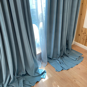 欧式不倒绒窗帘客餐厅卧室加厚无手印全遮光灰蓝色高端羊毛绒布帘