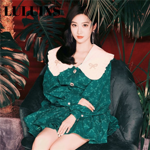 luluins正品景甜明星同款衣服绿色蝴蝶结泡泡袖娃娃领衬衫套装裙