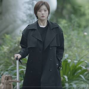 luluins小舍得田雨岚蒋欣明星同款衣服宽松黑色毛呢大衣时尚外套