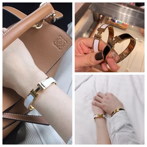 代购hermes/爱马仕手镯女珐琅h扣字母窄版白色玫瑰金男女情侣手环