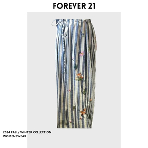 Forever 21【宋茜同款】复古新款垂感直筒条纹时尚休闲抽绳长裤女