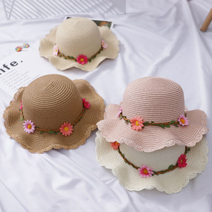 花环亲子草帽花朵遮阳帽大檐波浪边夏天帽子女户外沙滩儿童太阳帽