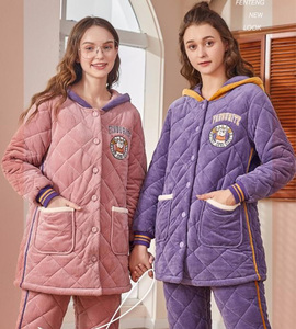 专柜芬腾女睡衣套装冬季三层加厚小长款带帽夹棉袄家居服x8150132