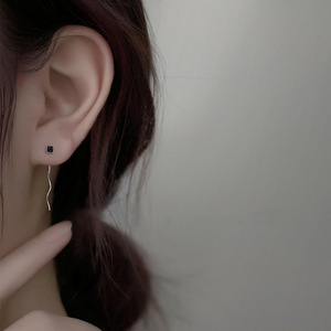 S925纯银黑玛瑙几何方形耳线耳饰长款气质韩版简约个性设计感高级