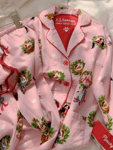 粉红圣诞花环猫 纯棉磨毛春季美国PJS卡通家居服大码睡衣套装女