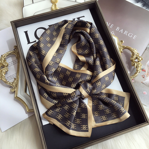 双层围巾复古小香风素邹缎100%桑蚕丝长条丝巾细窄领巾女villhug55