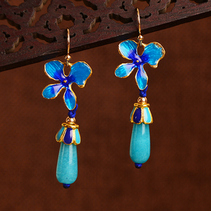 2020新潮款复古水滴景泰蓝耳坠蓝色耳饰耳环夹女民族风高级感森系