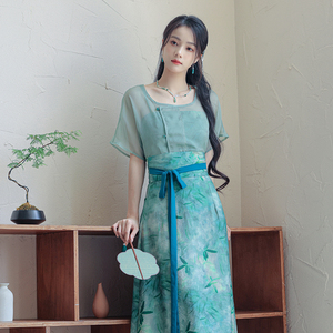 2023年夏新中式时尚少女茶艺师古琴服装禅意文艺汉元素国风套装