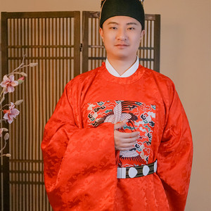 出租【仙鹤补服】 男明制圆领袍 一品官袍新郎红色婚服汉服1y0628