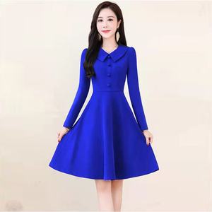 娃娃领a字裙连衣裙小个子长袖显瘦收腰气质名媛打底宝石蓝宝兰色