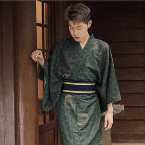男士出口日本 花美男 墨绿麻叶  夏日祭 浴衣 传统和服 武士套装