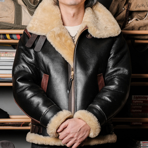 b3皮毛一体轰炸机夹克进口澳洲高密度皮草红棕马皮美式复古咔叽