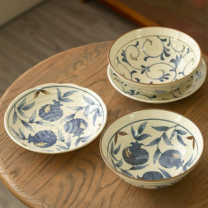 卢本斯日本进口釉下彩手绘金石榴日式餐具陶瓷盖饭碗家用汤碗面碗
