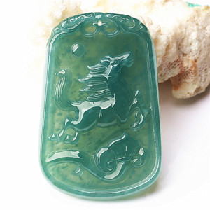 正品a货翡翠生肖马吊坠蓝水玉雕马牌挂件男女款马上有钱带证书