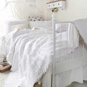 白色纯棉绗缝被三件套 欧式床品床盖夏被空调被纯色木耳边
