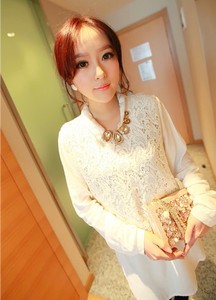 转独家2013新款春季韩版女装蕾丝拼接镂空长袖上衣白色衬衫C3102