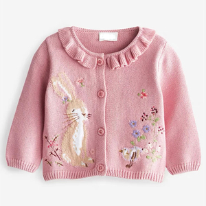 90-140英单儿童开衫女宝兔子刺绣荷叶娃娃领纯棉女童毛衣针织上衣