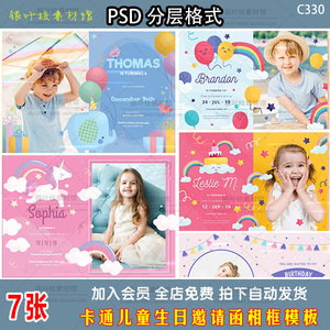 儿童卡通生日派对邀请函宝宝摄影照片ps排版设计竖版PSD相册模板