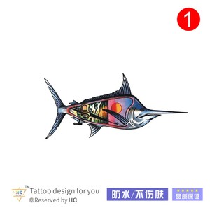 【旅游系列】手绘水彩动物旗鱼纹身贴剑鱼港风原宿防水持久纳米
