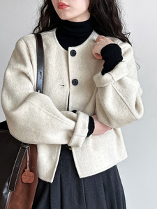 圆领正肩短款双面羊绒大衣女2023冬季韩版宽松气质小香风毛呢外套