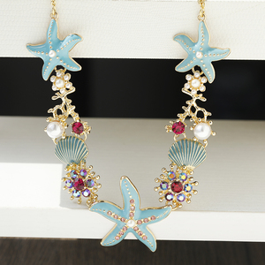 时尚沙滩风短款项链珐琅彩釉海星珊瑚水钻海洋贝壳锁骨链假珍珠女
