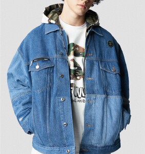 特价 一毫子潮店 aape 22夏男 猿人迷彩连帽拼接牛仔夹克外套7498