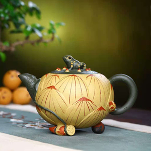 中式全手工宜兴李芳黄段泥青蛙莲子紫砂壶大容量金蟾莲花茶壶花器