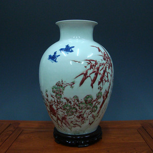 景德镇陶瓷器名家杨荣作品梅竹双亲手绘青花釉里红花瓶客厅摆件